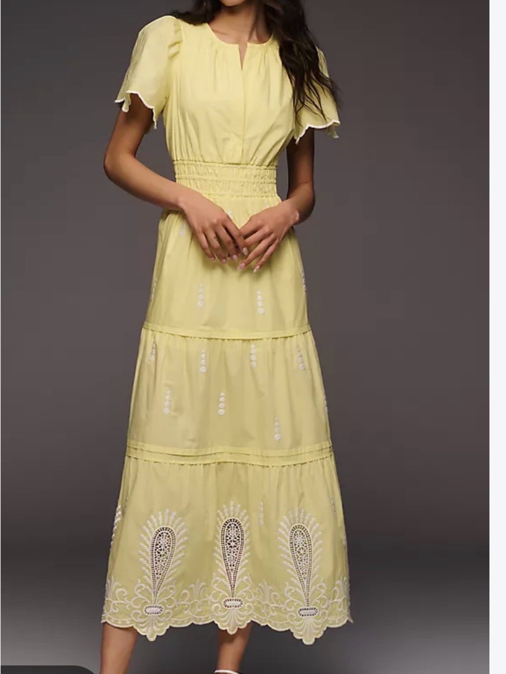Anthropologie Pale Yellow High-Low Embroidered Midi Skirt